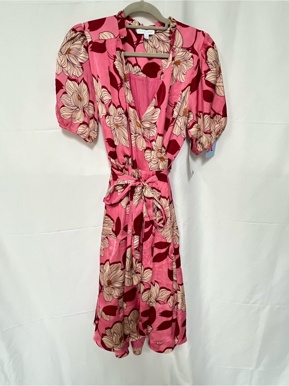 Draper James Pink Floral Wrap Midi Dress with Puff Sleeves NWT